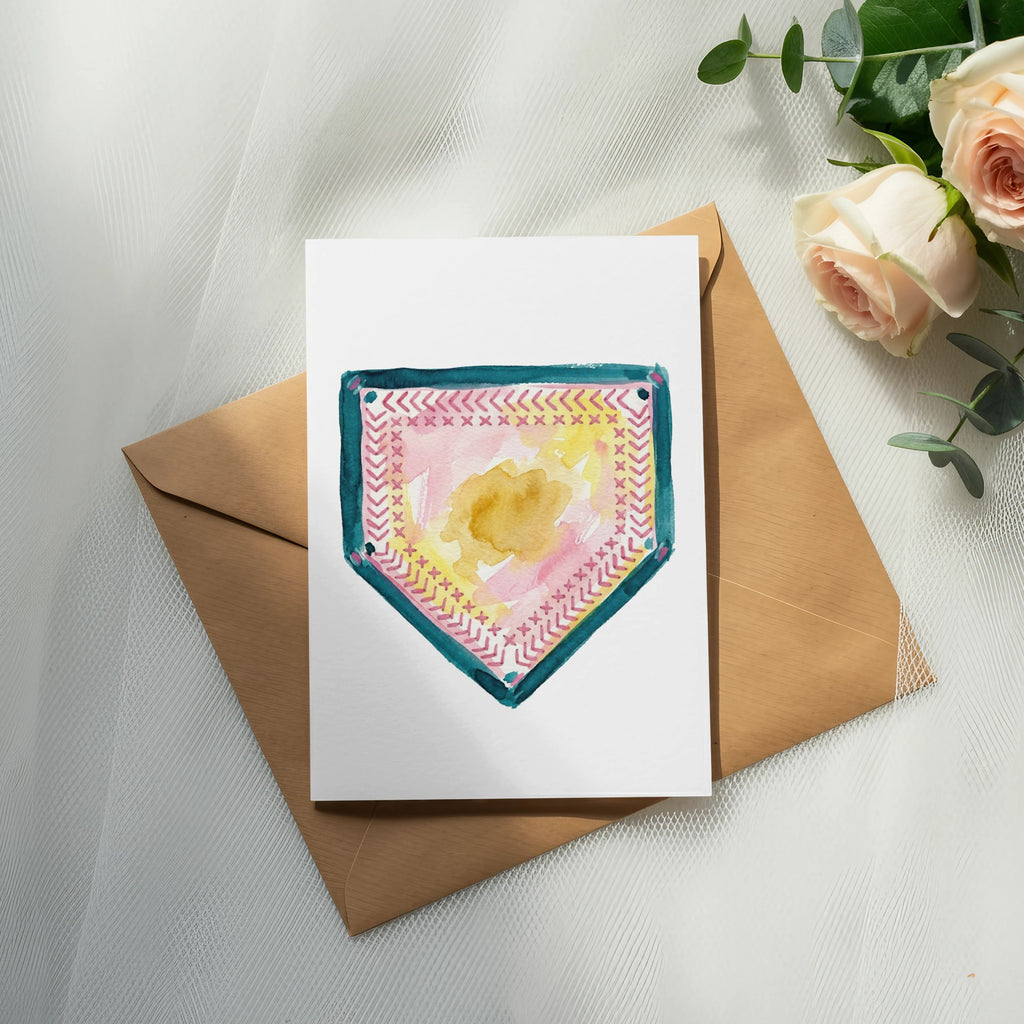 Watercolor illustration of a pink and yellow patterned pennant on a white card.