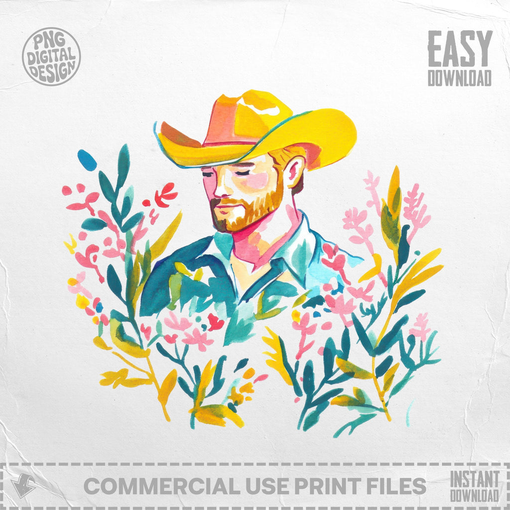 Man in cowboy hat with colorful flowers.