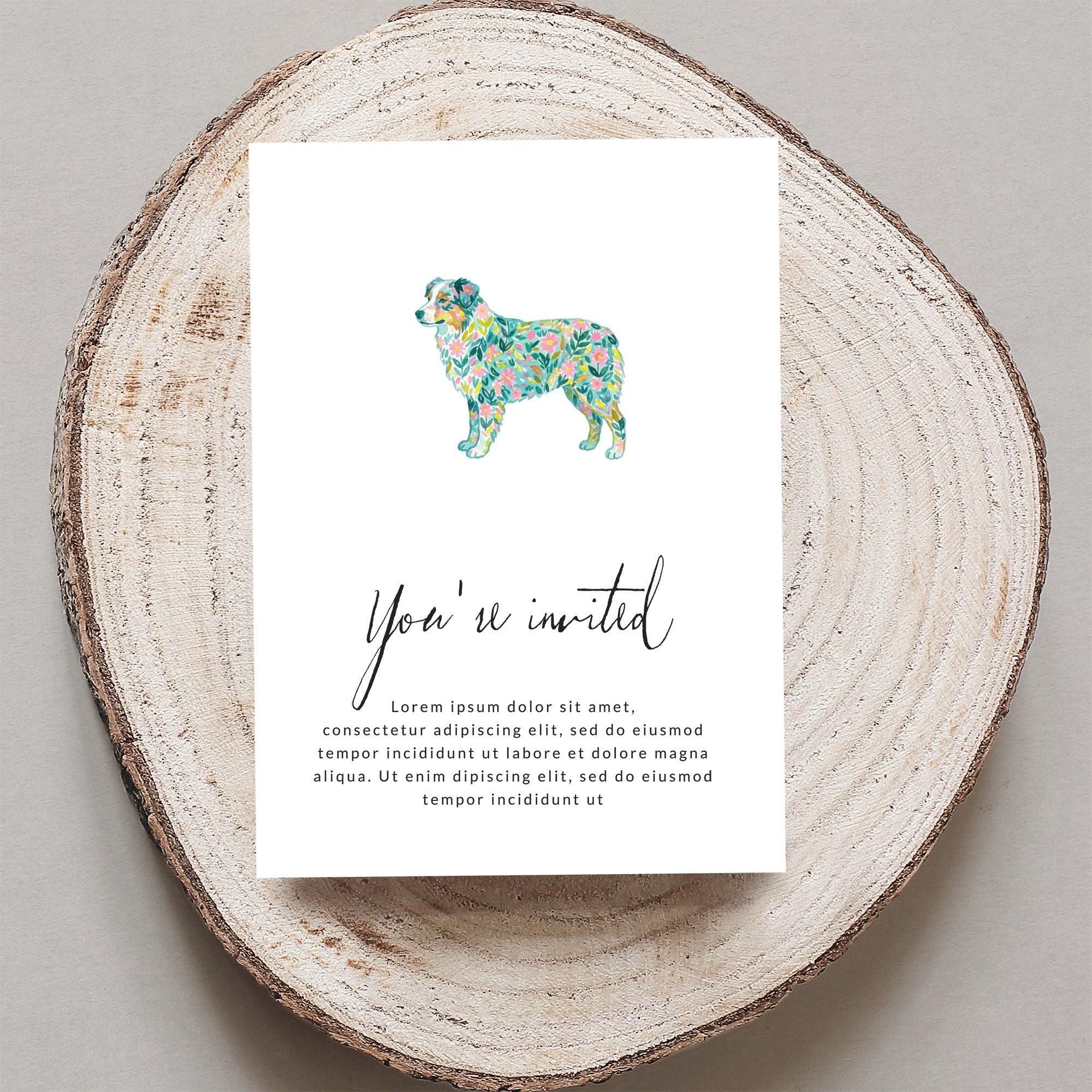 Invitation card with floral dog illustration and "You're invited" text.