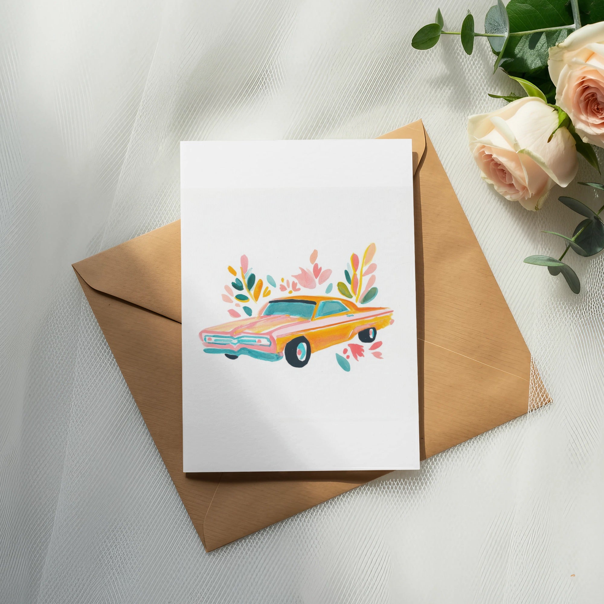 Watercolor illustration of a vintage orange car with floral accents on a white card.