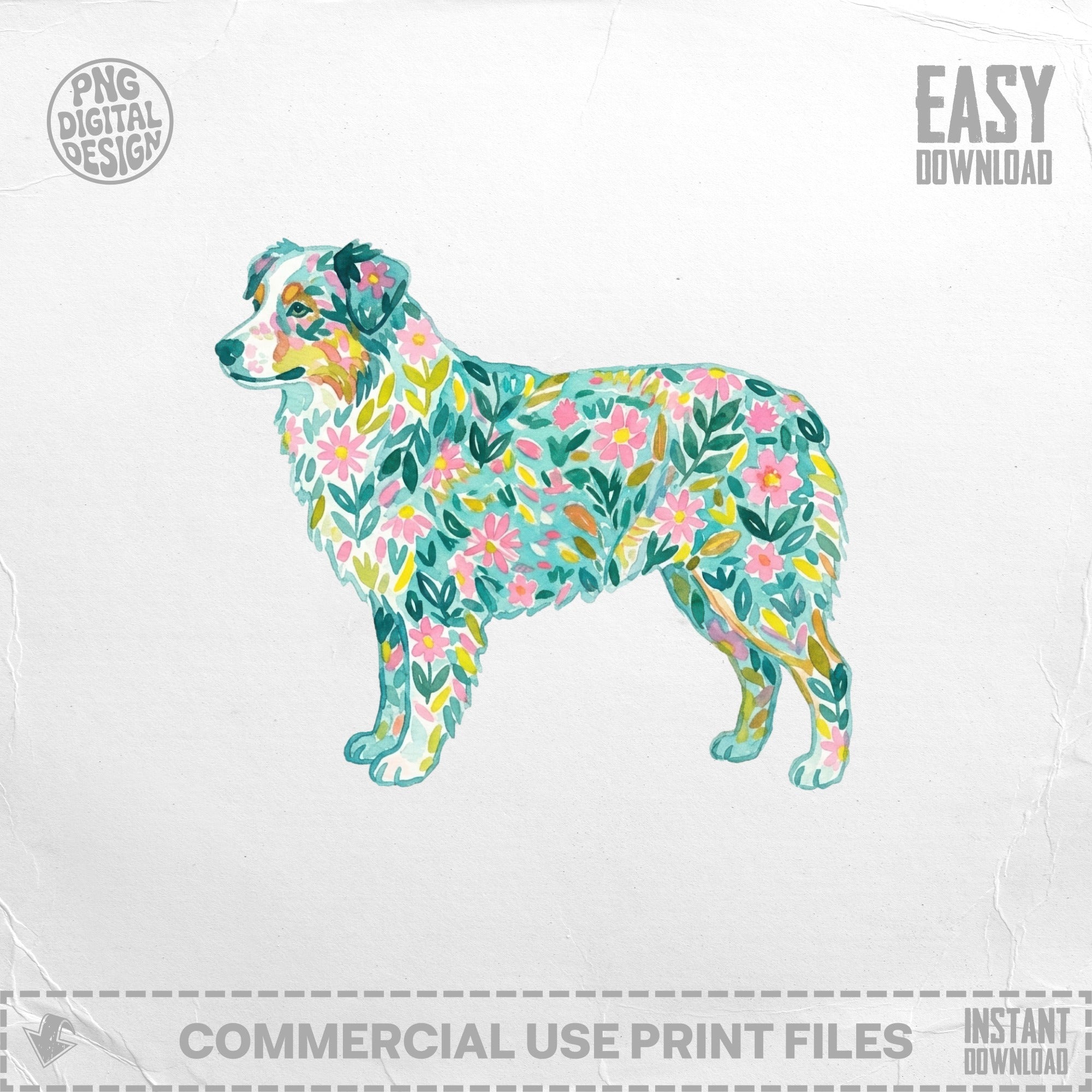 Watercolor Australian Shepherd with floral pattern on white background.