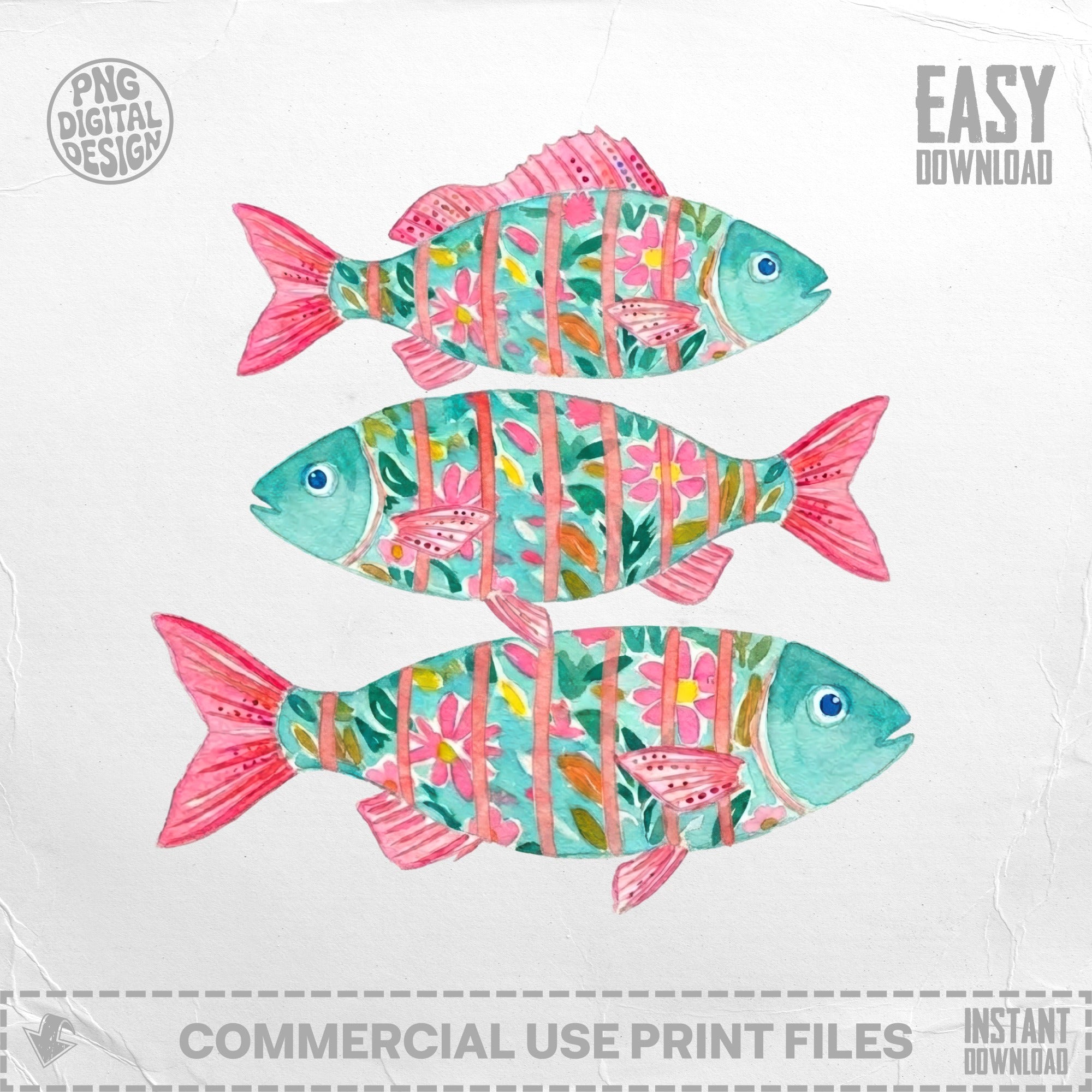 Three stylized fish with pink and turquoise floral patterns.