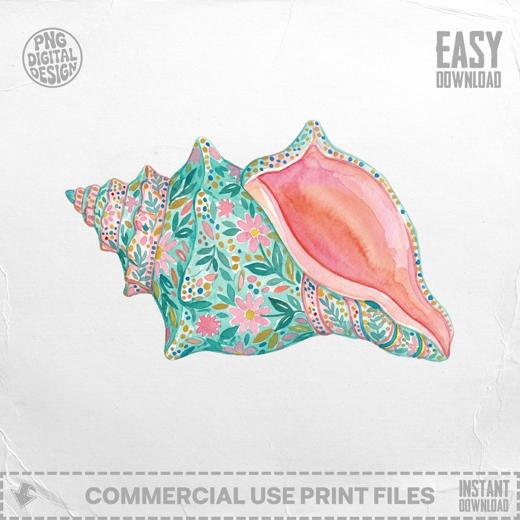 Watercolor seashell with floral pattern on a white background.