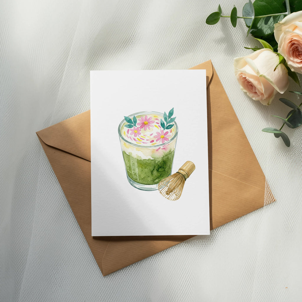 Matcha latte with pink flowers and whisk on card with envelope.