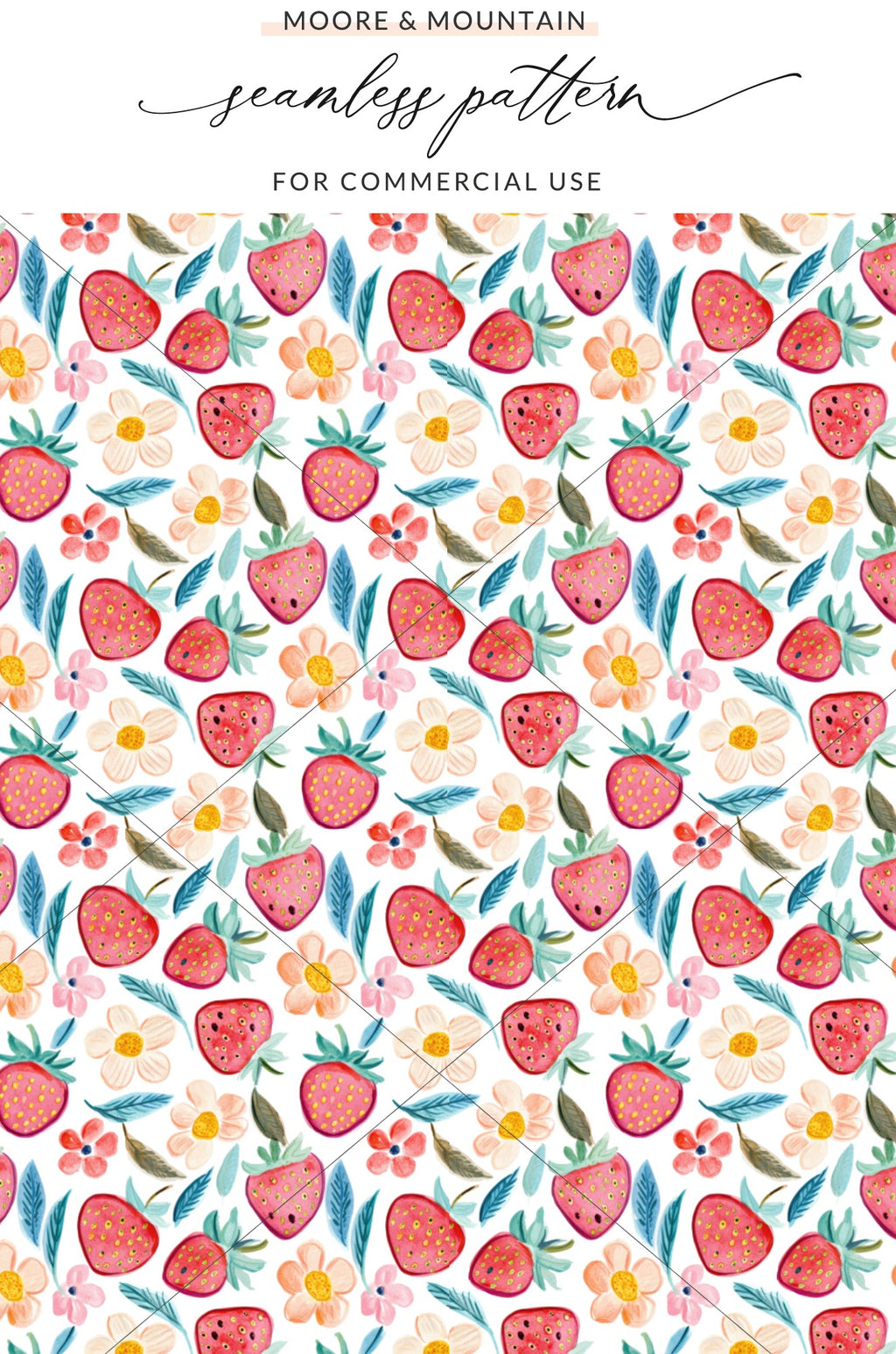 Seamless pattern of strawberries and small white flowers with pink centers.