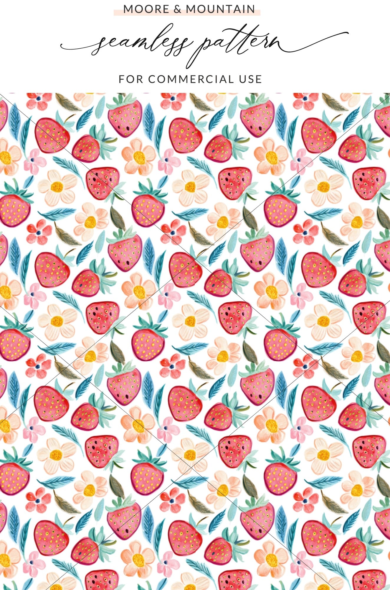 Seamless pattern of strawberries and small white flowers with pink centers.