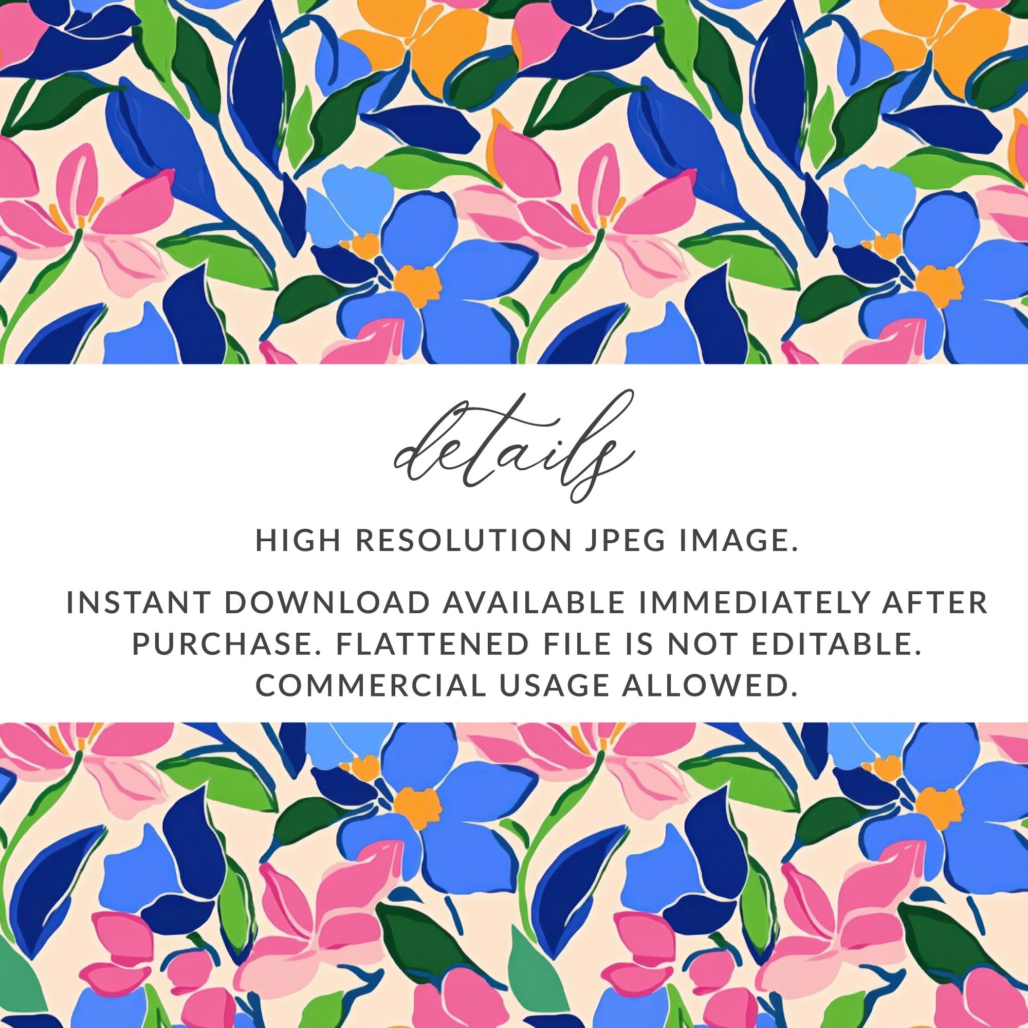 Floral pattern with text about digital file details.