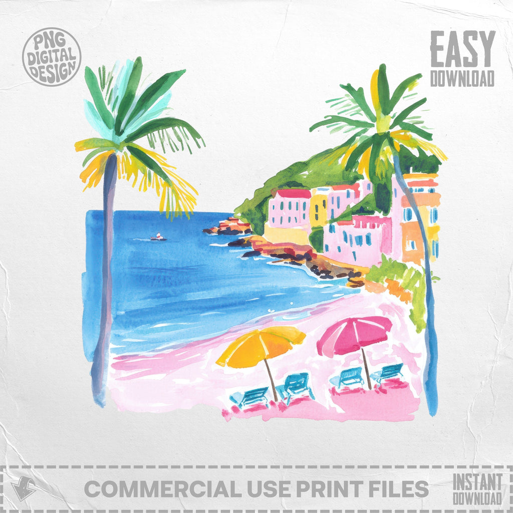 Watercolor beach scene with colorful buildings, palm trees, umbrellas, and lounge chairs.