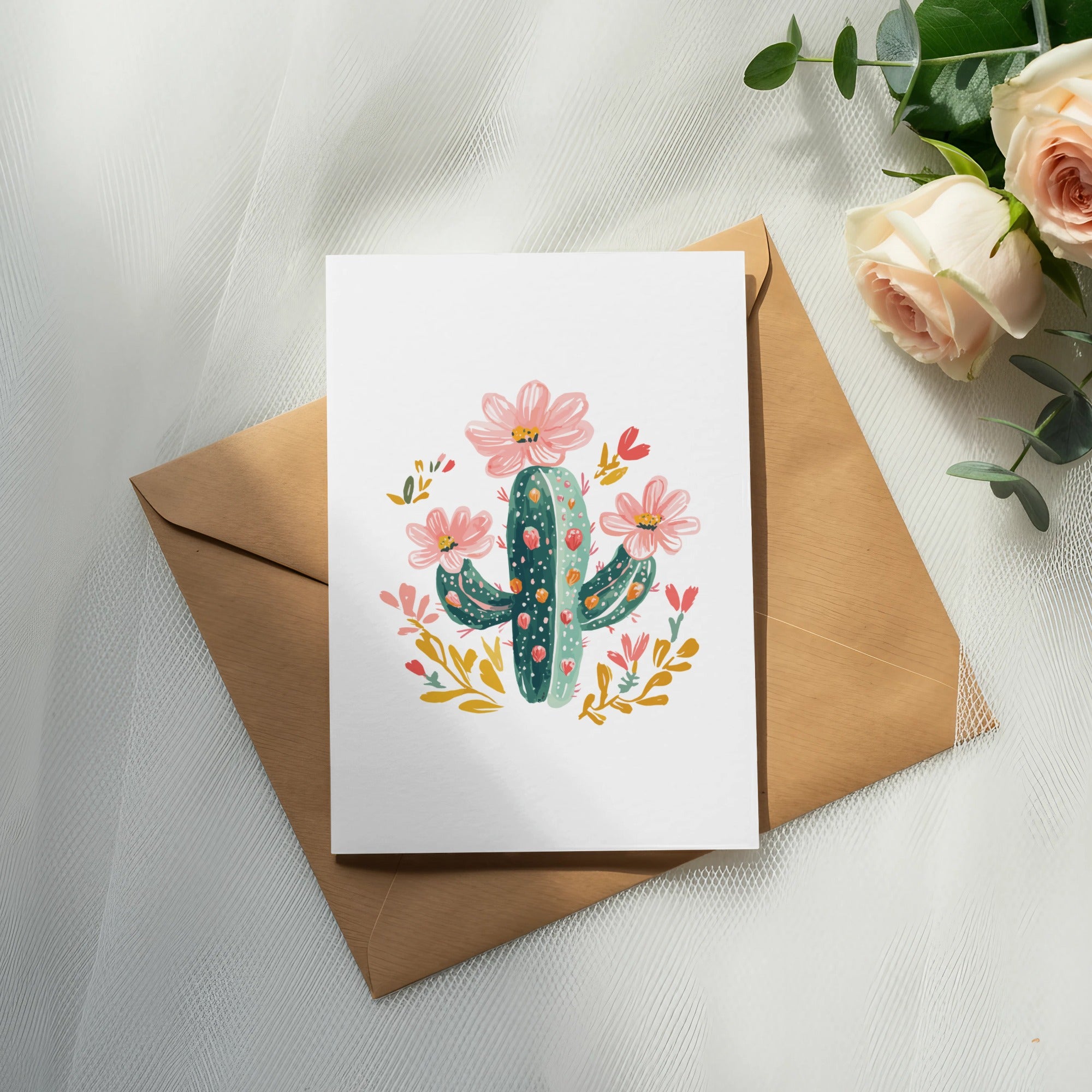 Greeting card with a floral cactus illustration on a brown envelope.