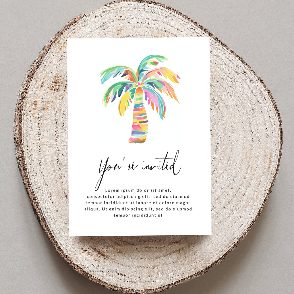 Watercolor palm tree invitation with "You're invited" text.