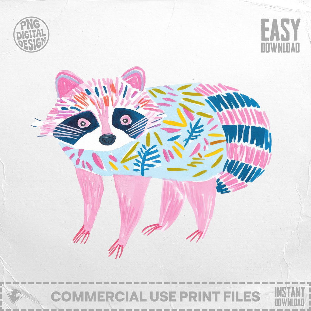 Illustration of a pink raccoon with a blue, patterned body against a white background.