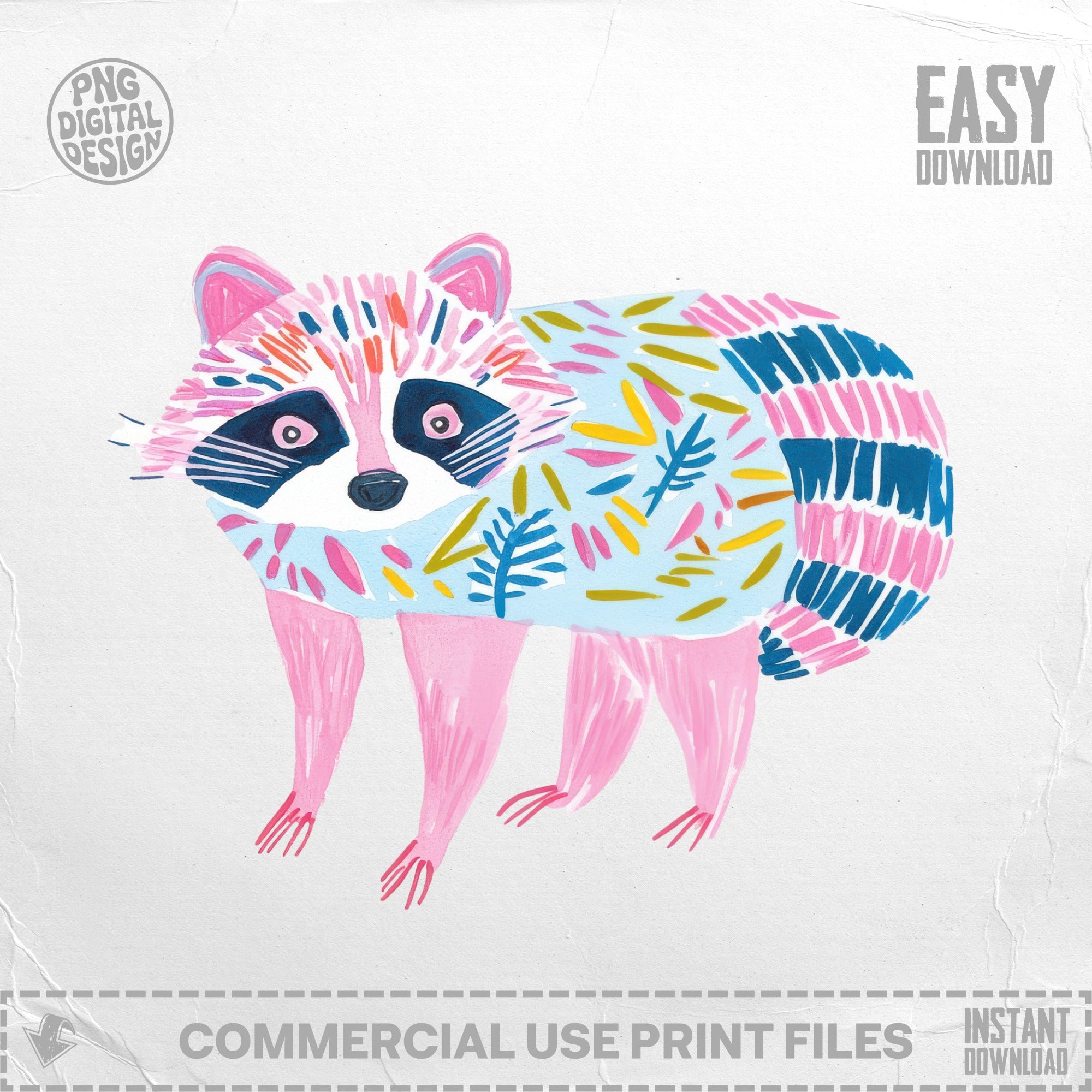Illustration of a pink raccoon with a blue, patterned body against a white background.