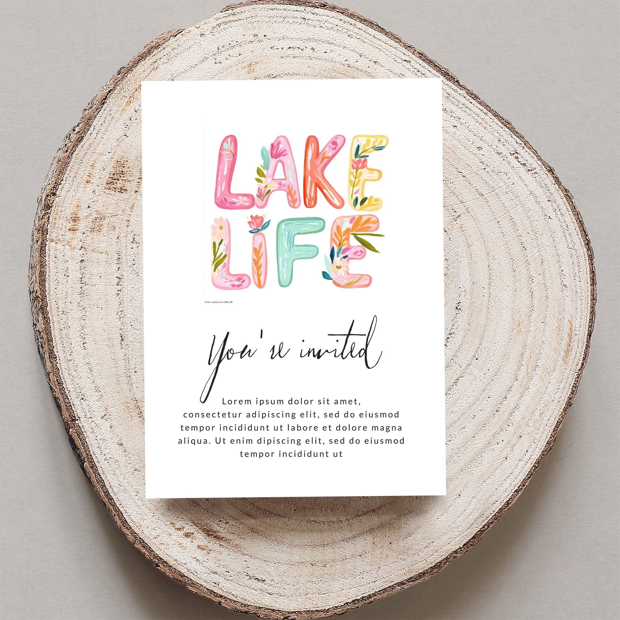"Lake Life" invitation with floral letters, text "You're invited" and placeholder text.
