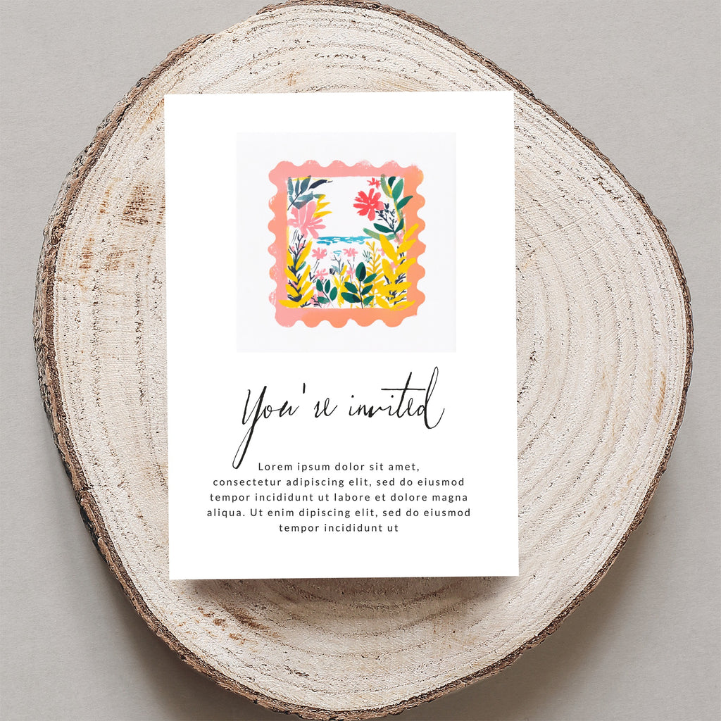 Invitation with floral border, "You're invited" text, and placeholder content.