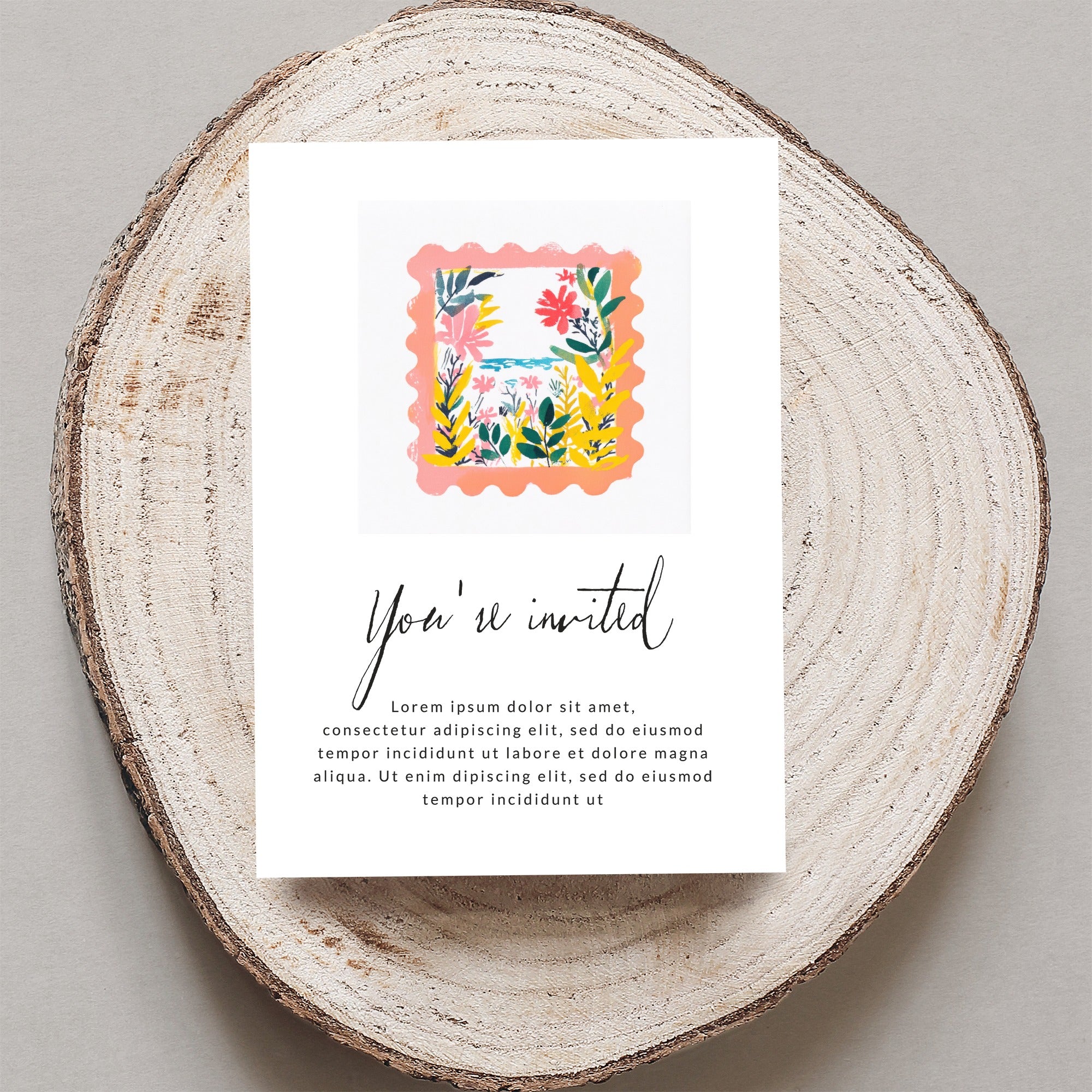 Invitation with floral border, "You're invited" text, and placeholder content.