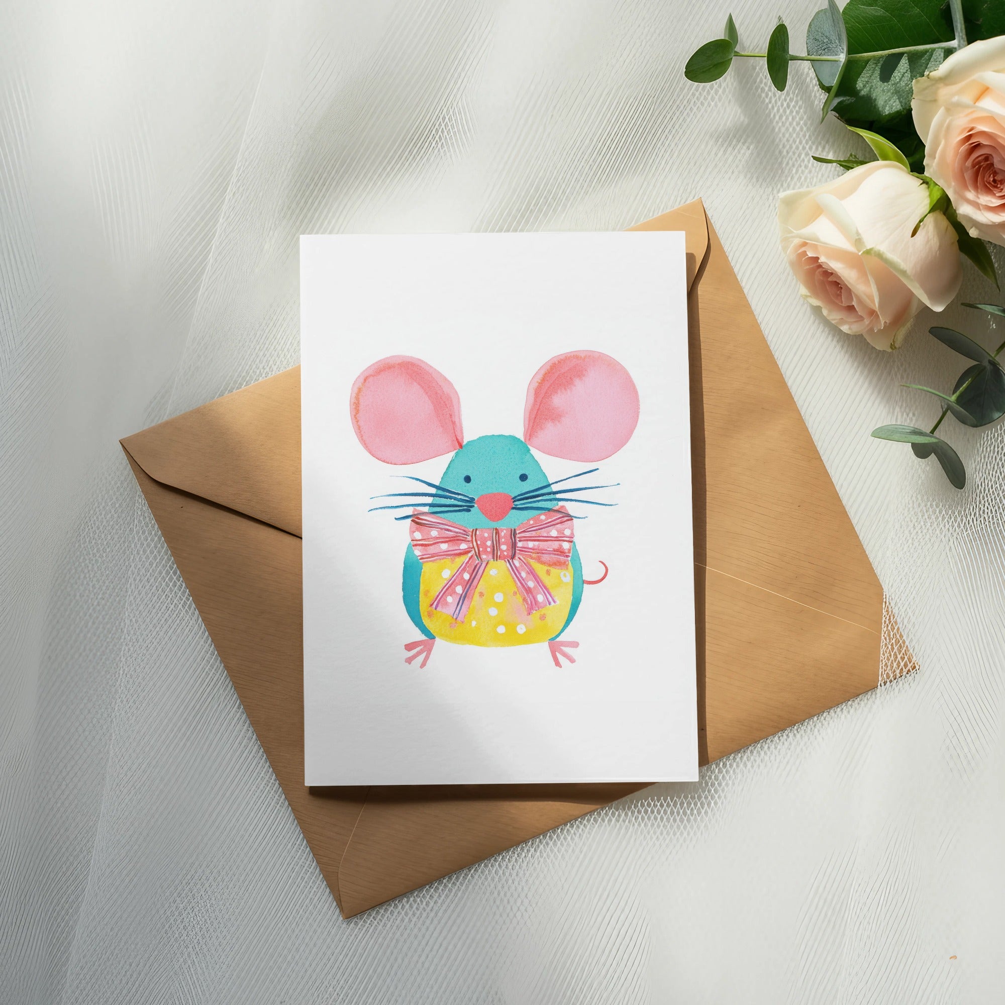 Card with watercolor mouse illustration, yellow bow, and pink ears.