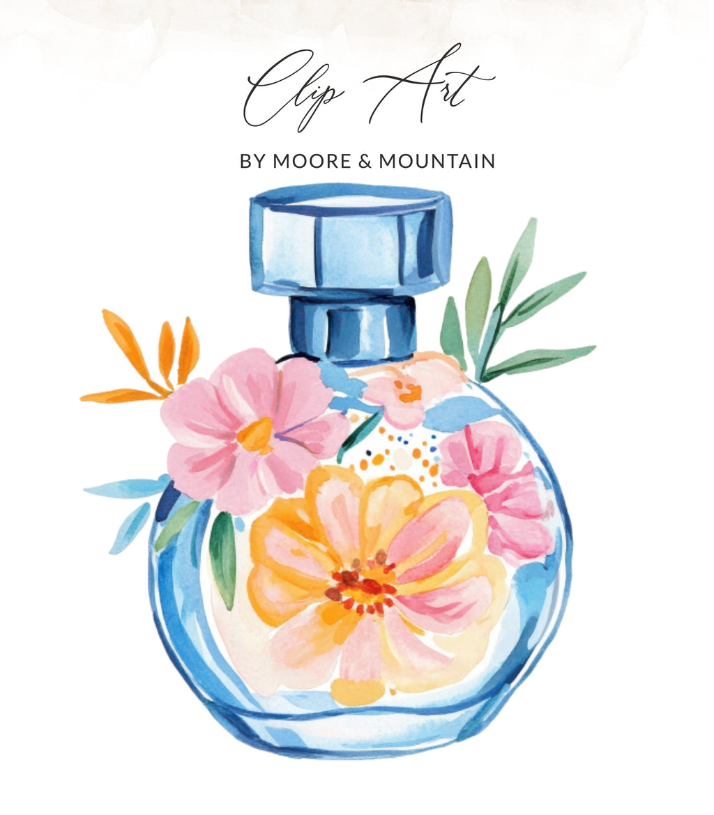 Watercolor perfume bottle with floral accents and "Clip Art" text.