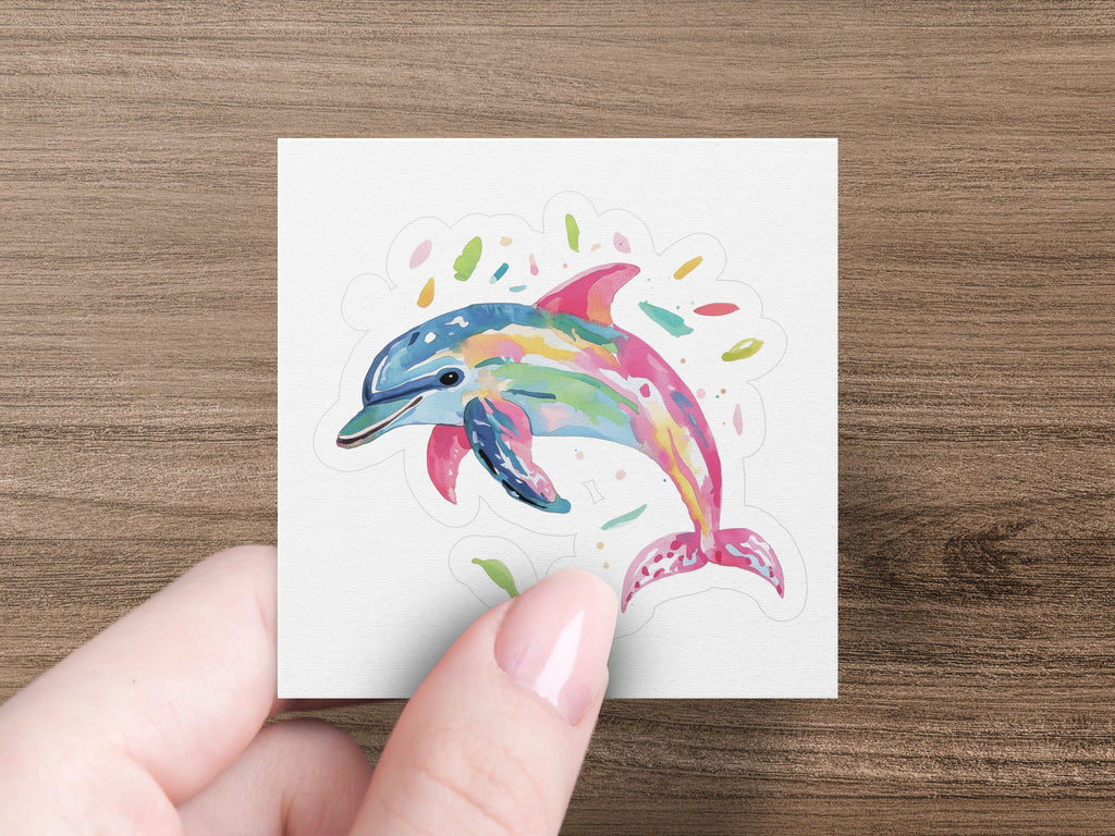 Colorful watercolor dolphin sticker with confetti on white surface.