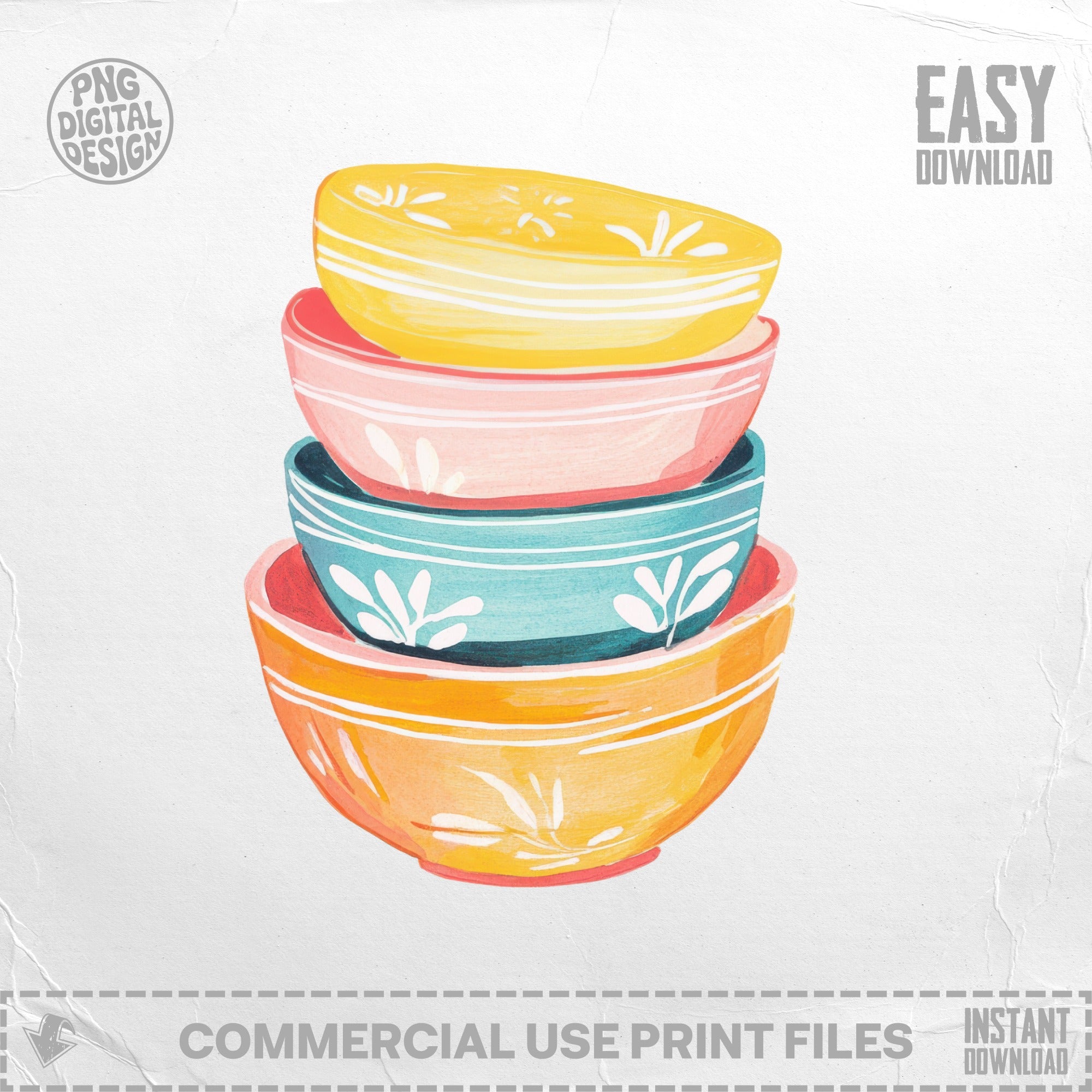 Stack of four colorful, patterned ceramic bowls with a floral design.