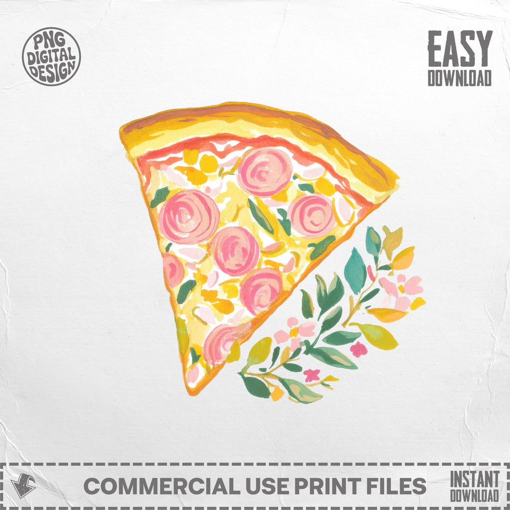 Slice of pizza with pink toppings and a sprig of flowers.