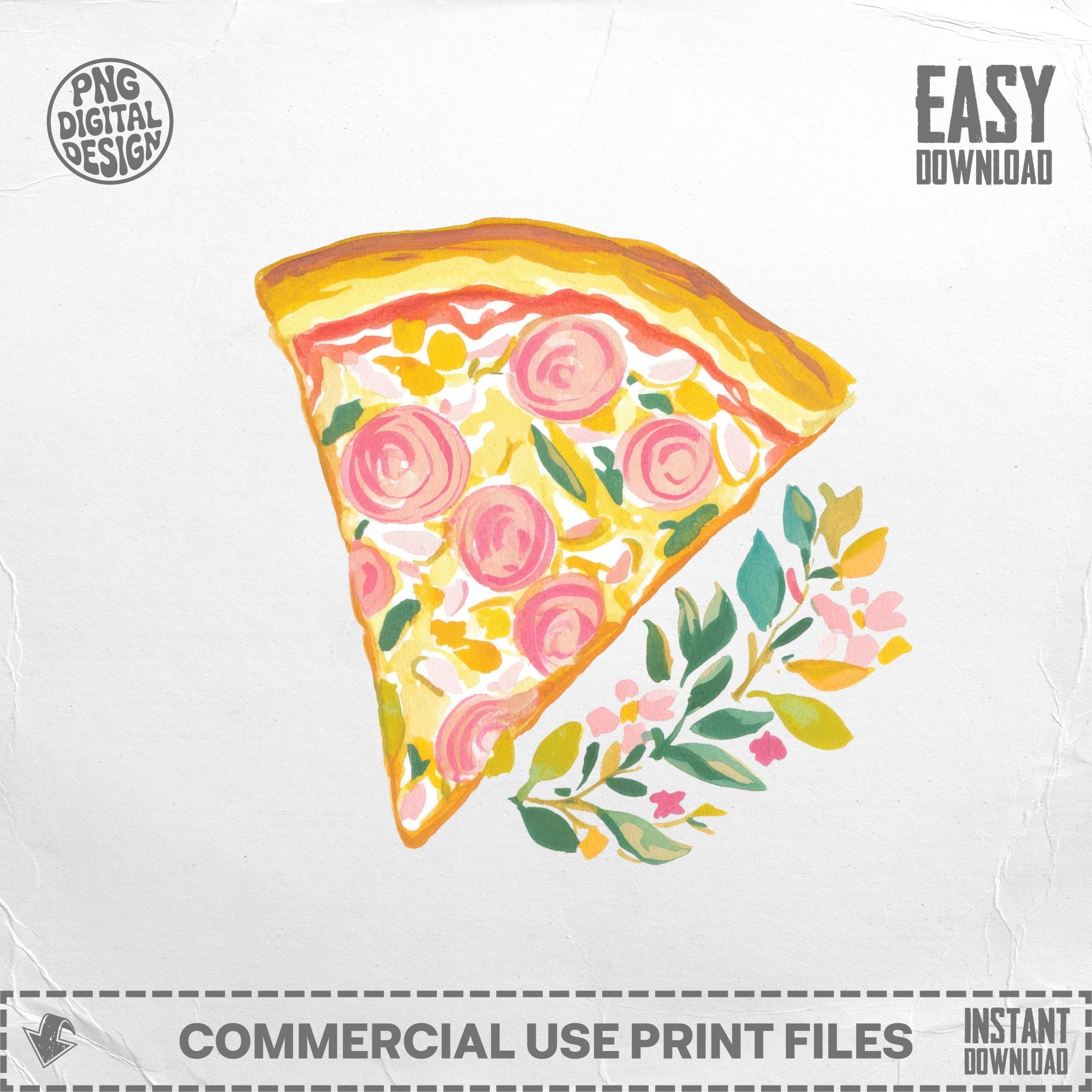 Slice of pizza with pink toppings and a sprig of flowers.