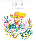 Cowboy in yellow hat surrounded by colorful floral watercolor illustration.