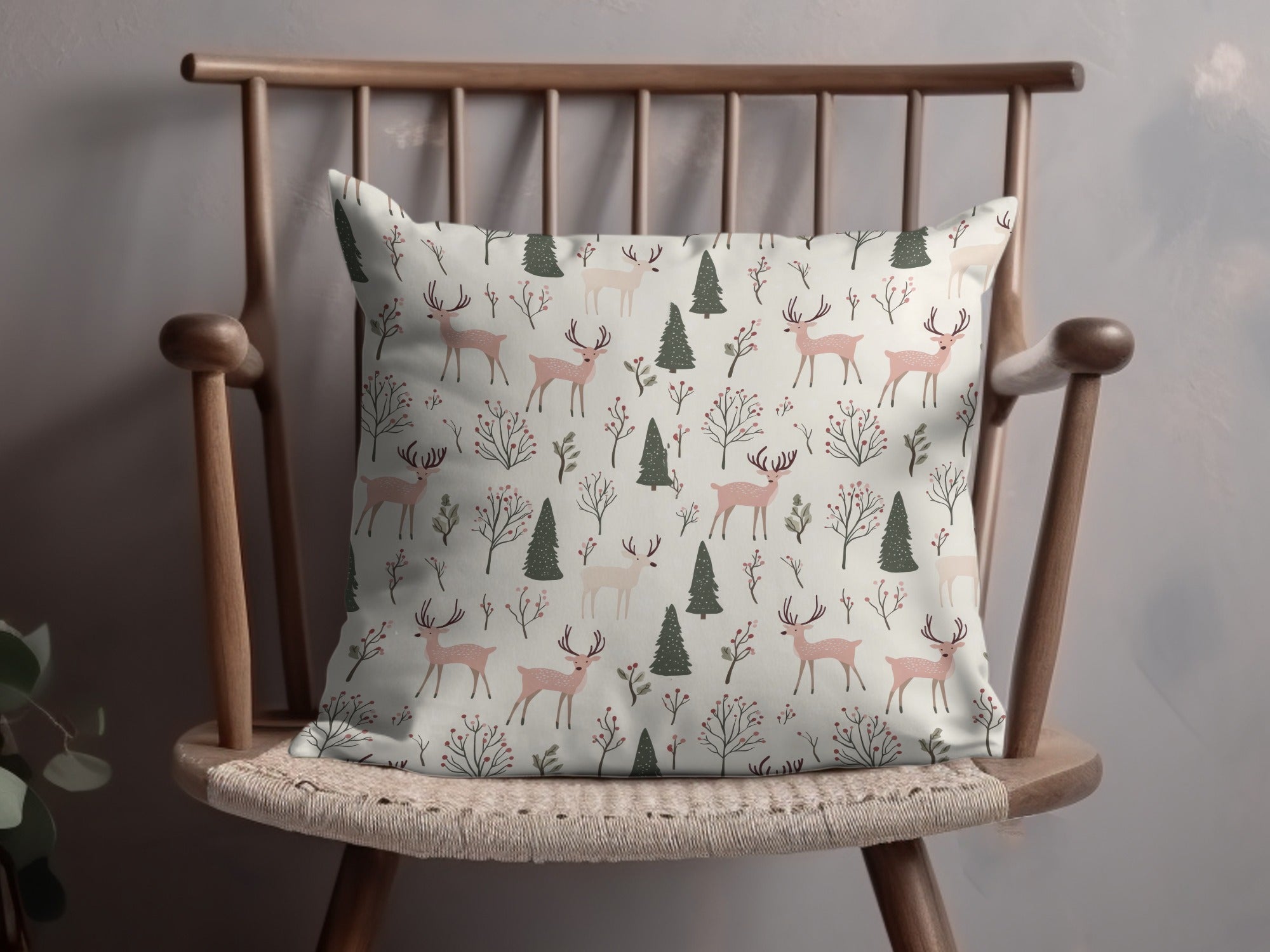Festive Deer and Trees Print Decorative Pillow