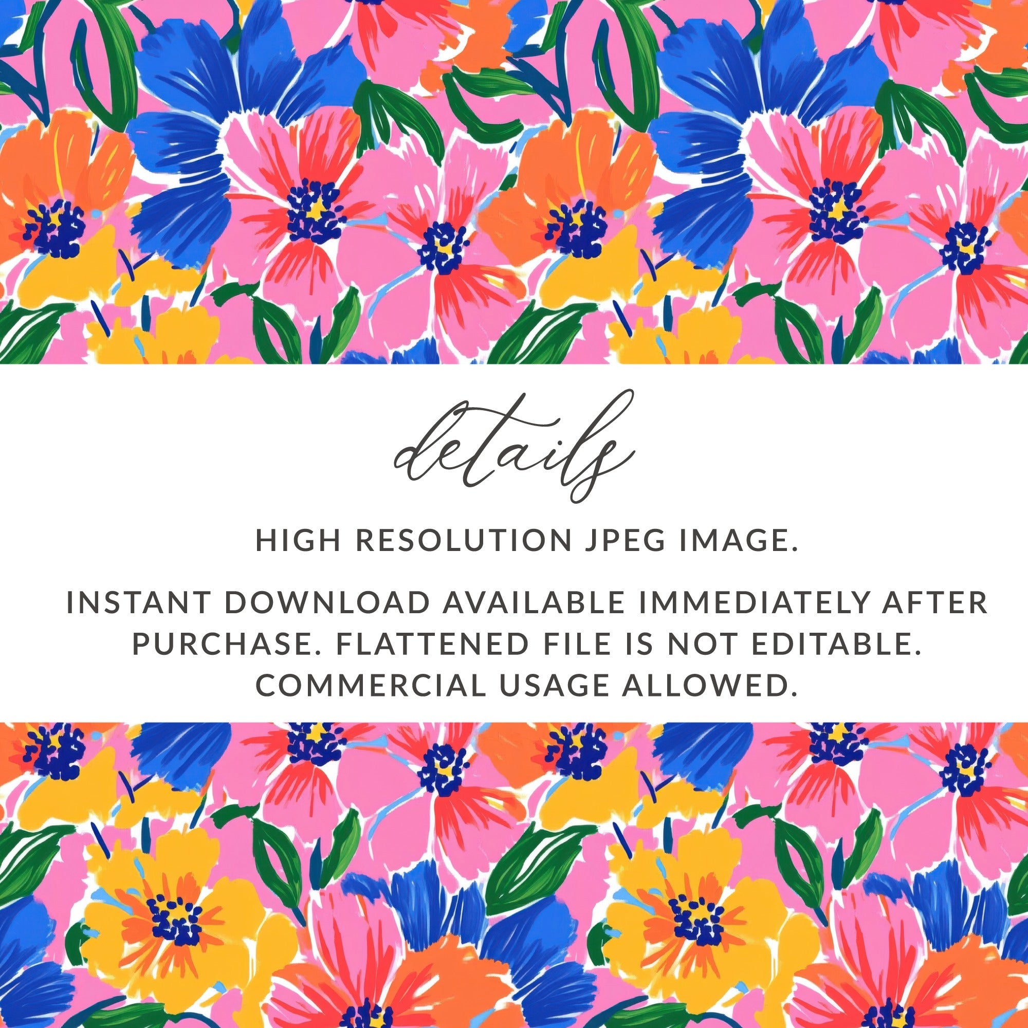 Floral pattern in pink, blue, and orange with text overlay.