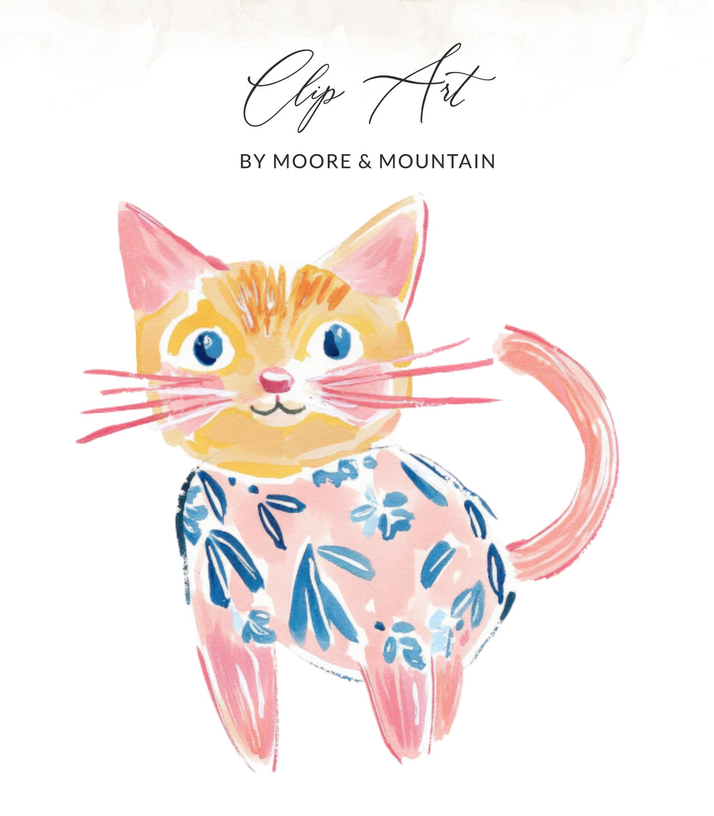 Whimsical illustration of a ginger cat in a floral smock.