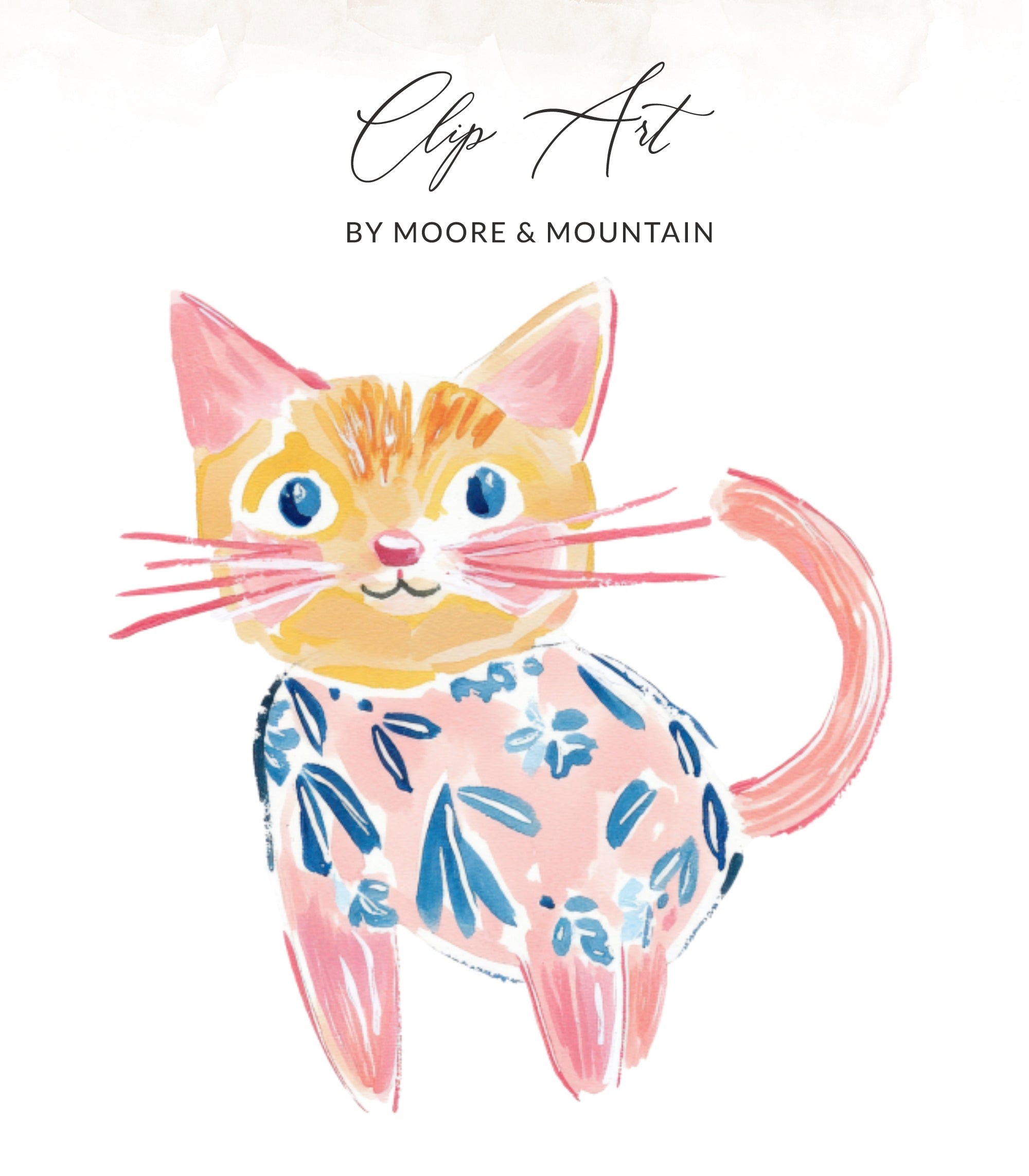 Whimsical illustration of a ginger cat in a floral smock.
