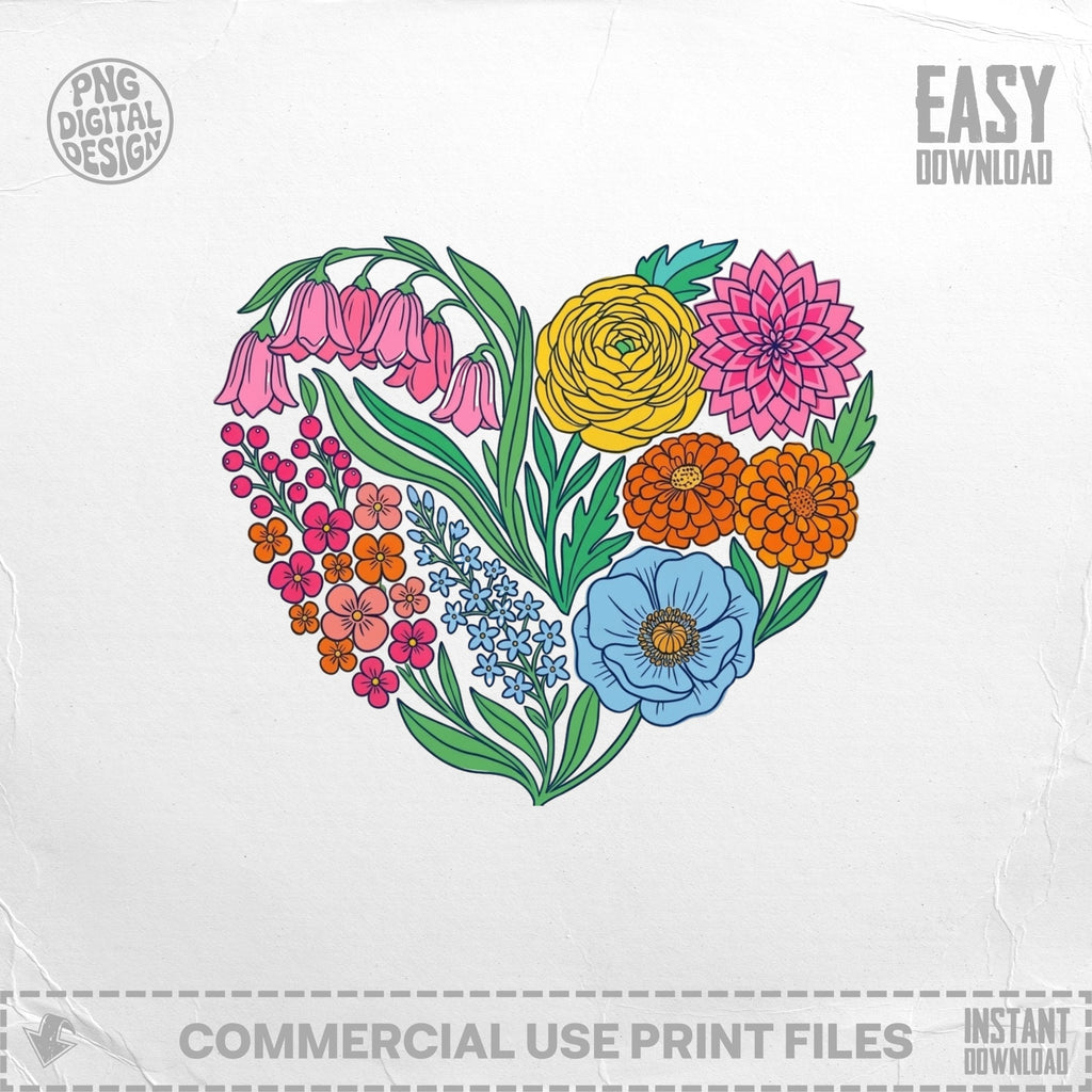 Heart-shaped floral design with pink, blue, and orange flowers.