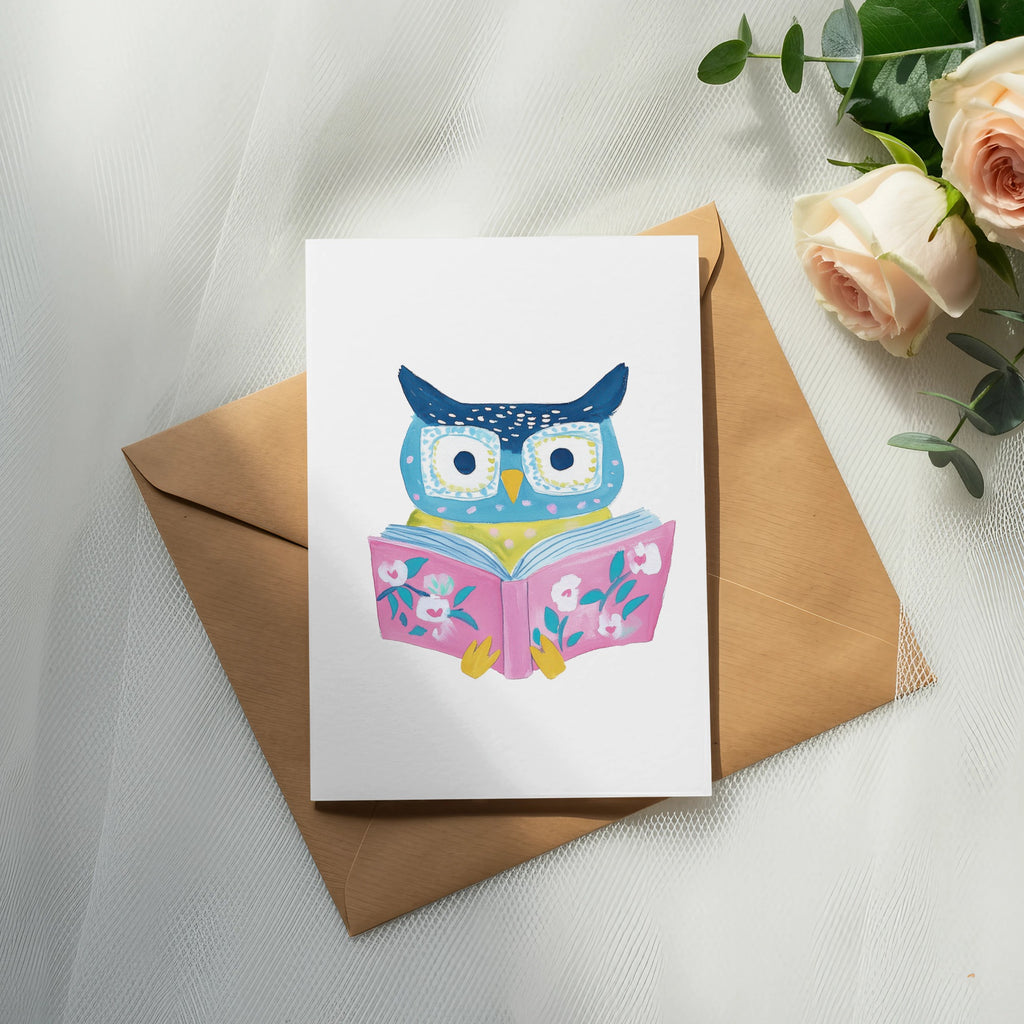 Illustration of a blue owl wearing glasses reading a pink book.