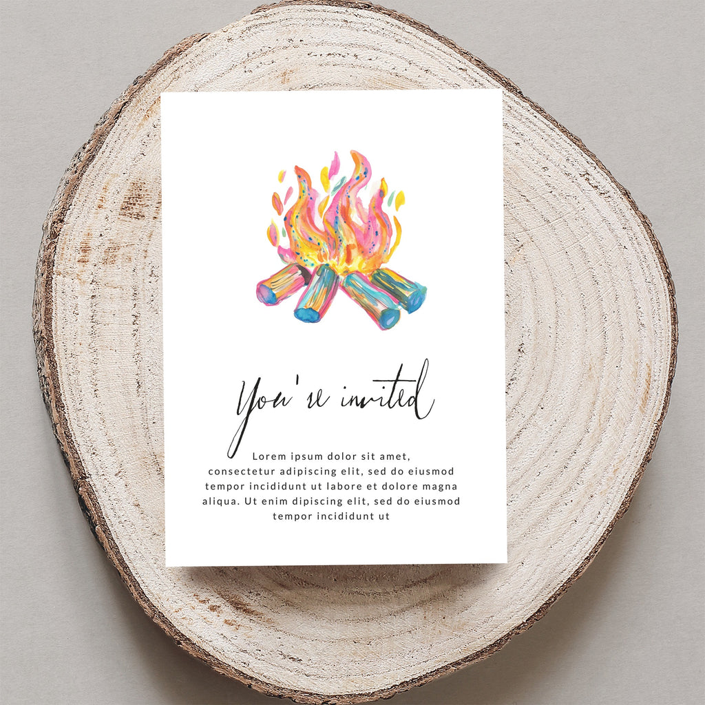 Invitation with watercolor campfire and "You're invited" text.