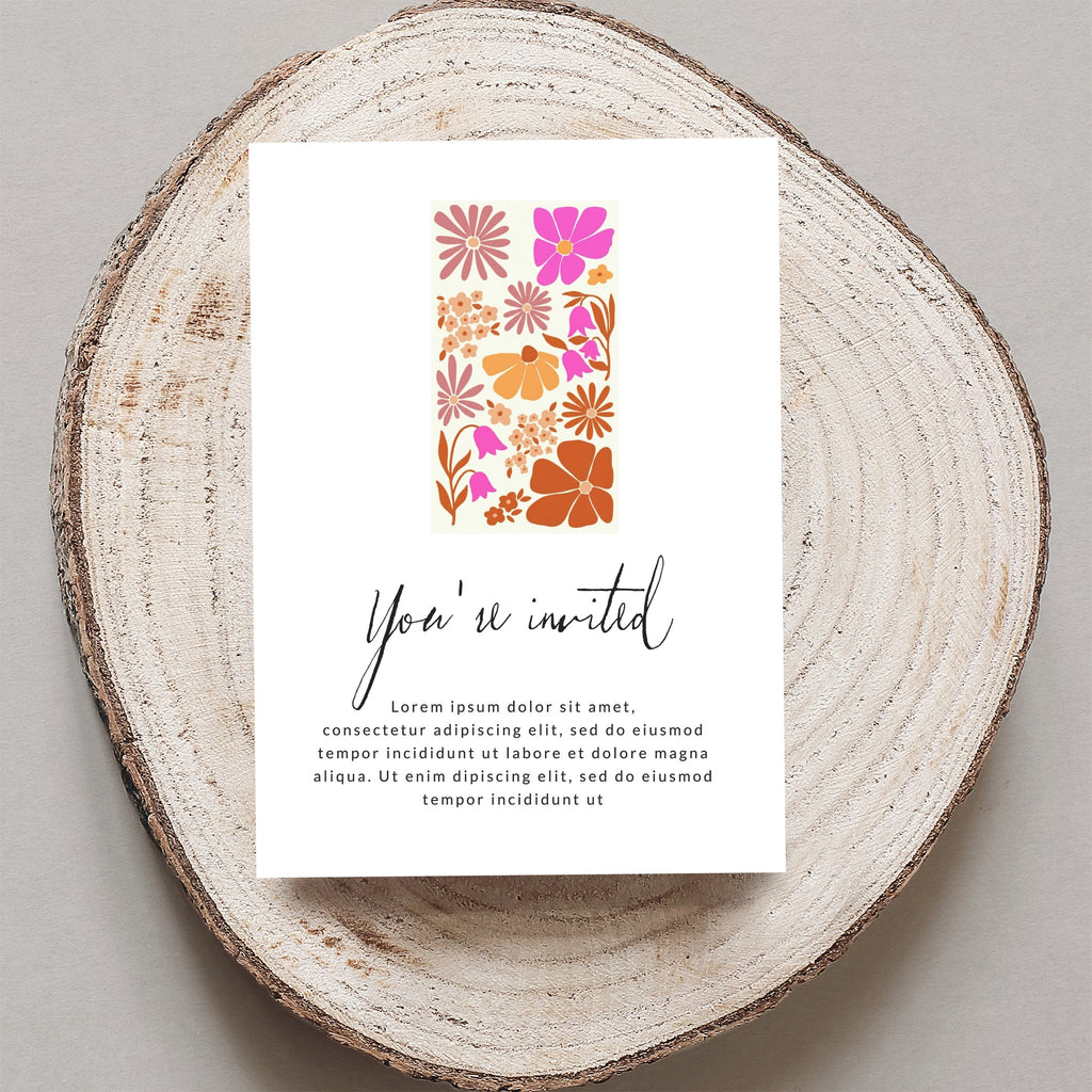 Invitation card with floral pattern and "You're invited" text.