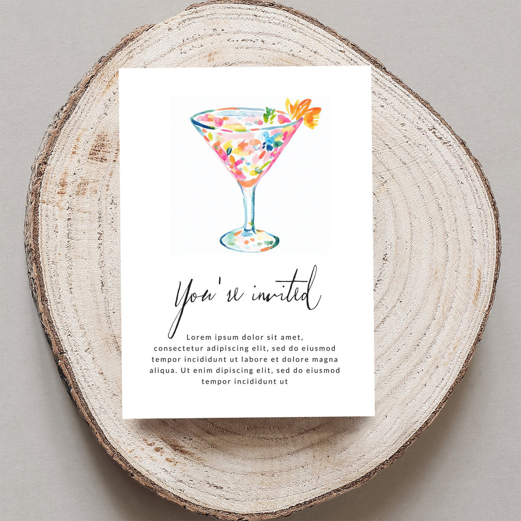 Invitation with watercolor cocktail and placeholder text