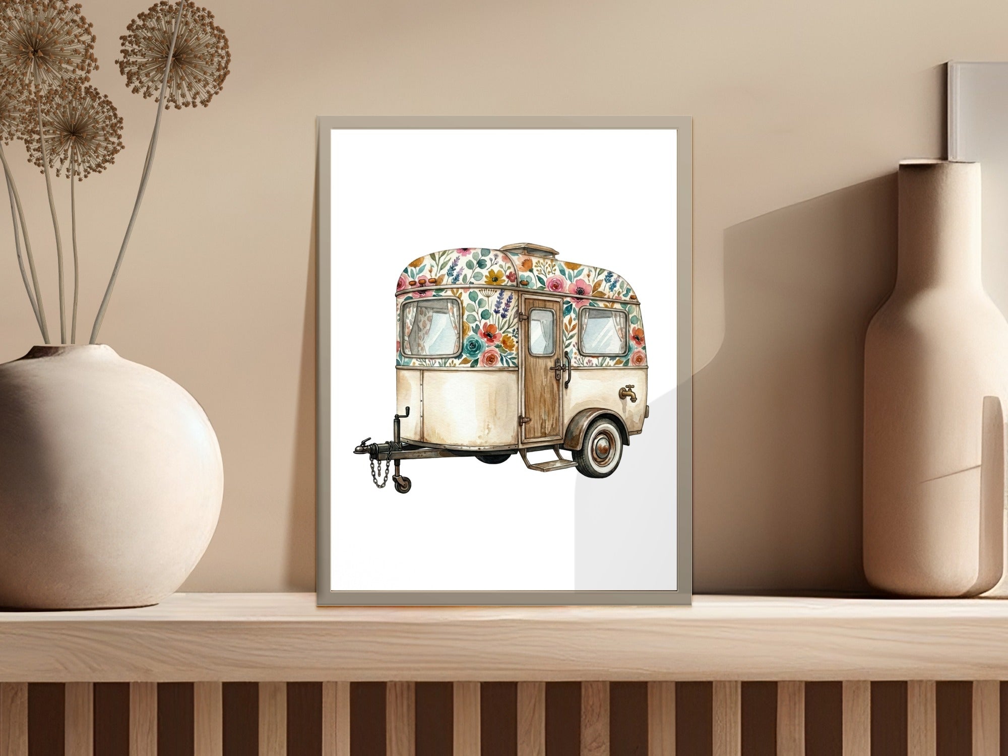 Watercolor illustration of a vintage camper with floral accents on a shelf.