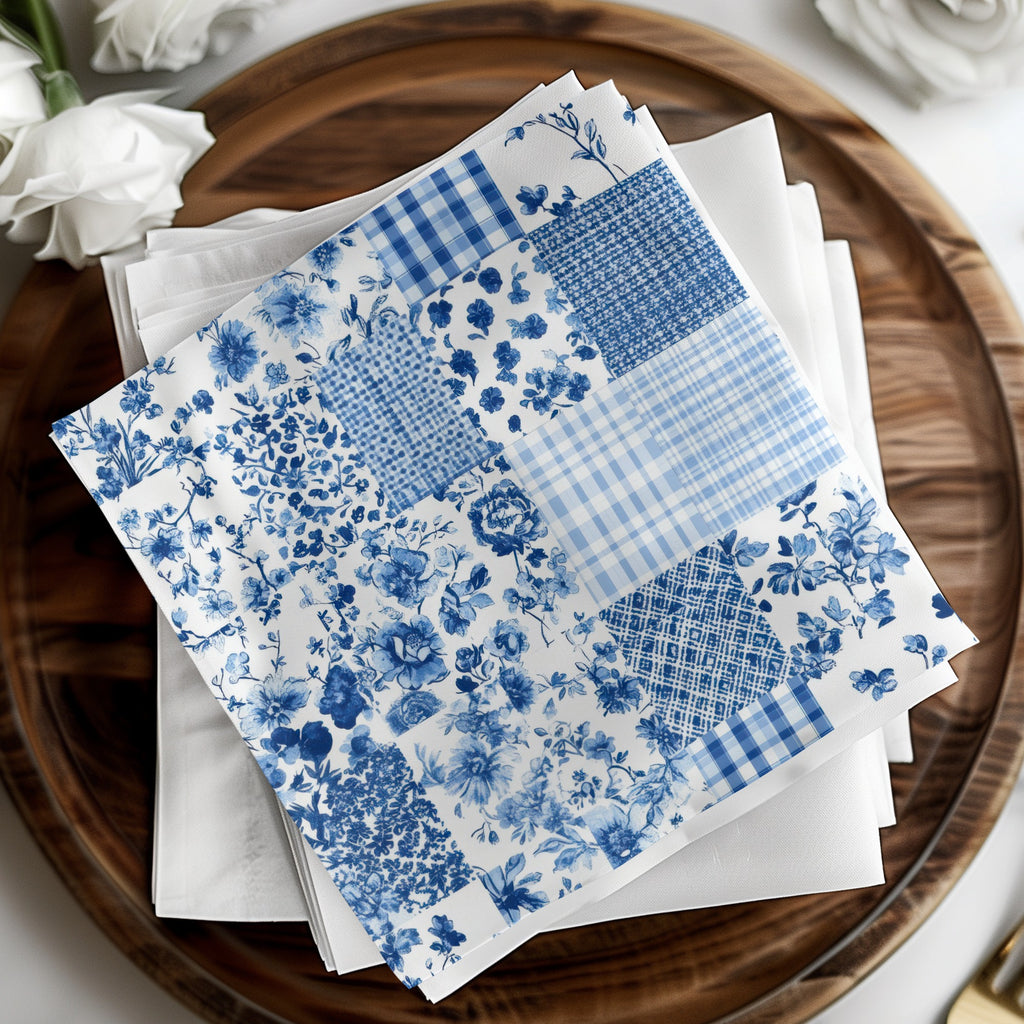 Elegant Blue Floral and Gingham Design Napkin Set