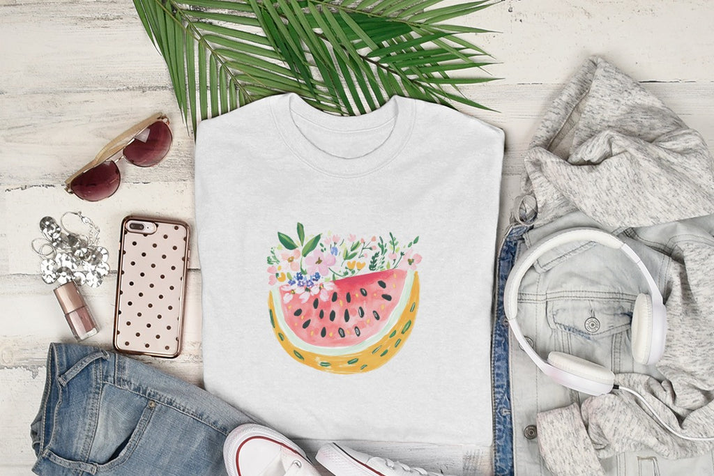 White t-shirt with a watercolor watermelon slice and flowers design.