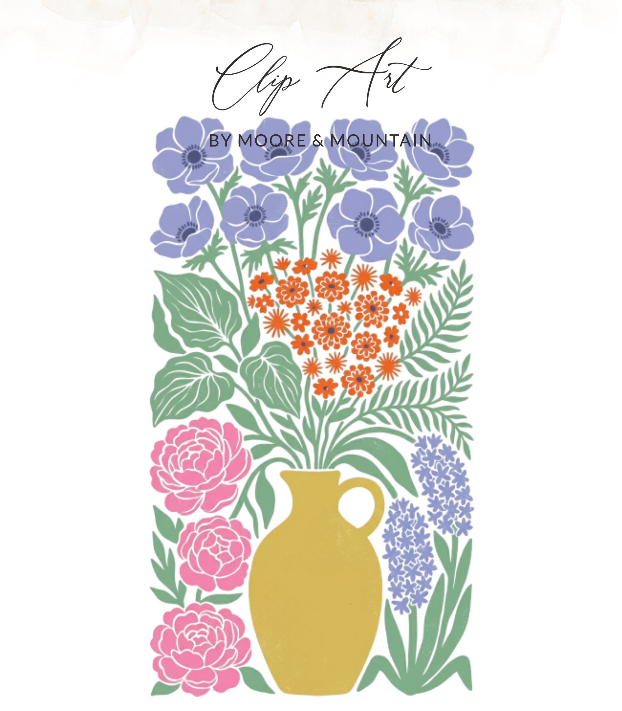 Yellow vase with colorful flowers and text "Clip Art BY MOORE & MOUNTAIN".