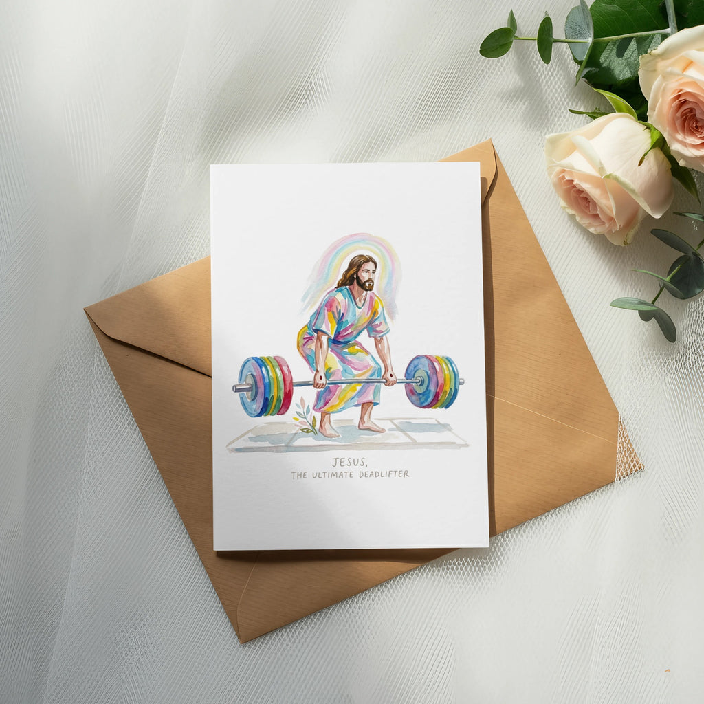 Jesus, the ultimate deadlifter, in a colorful robe lifts a barbell.
