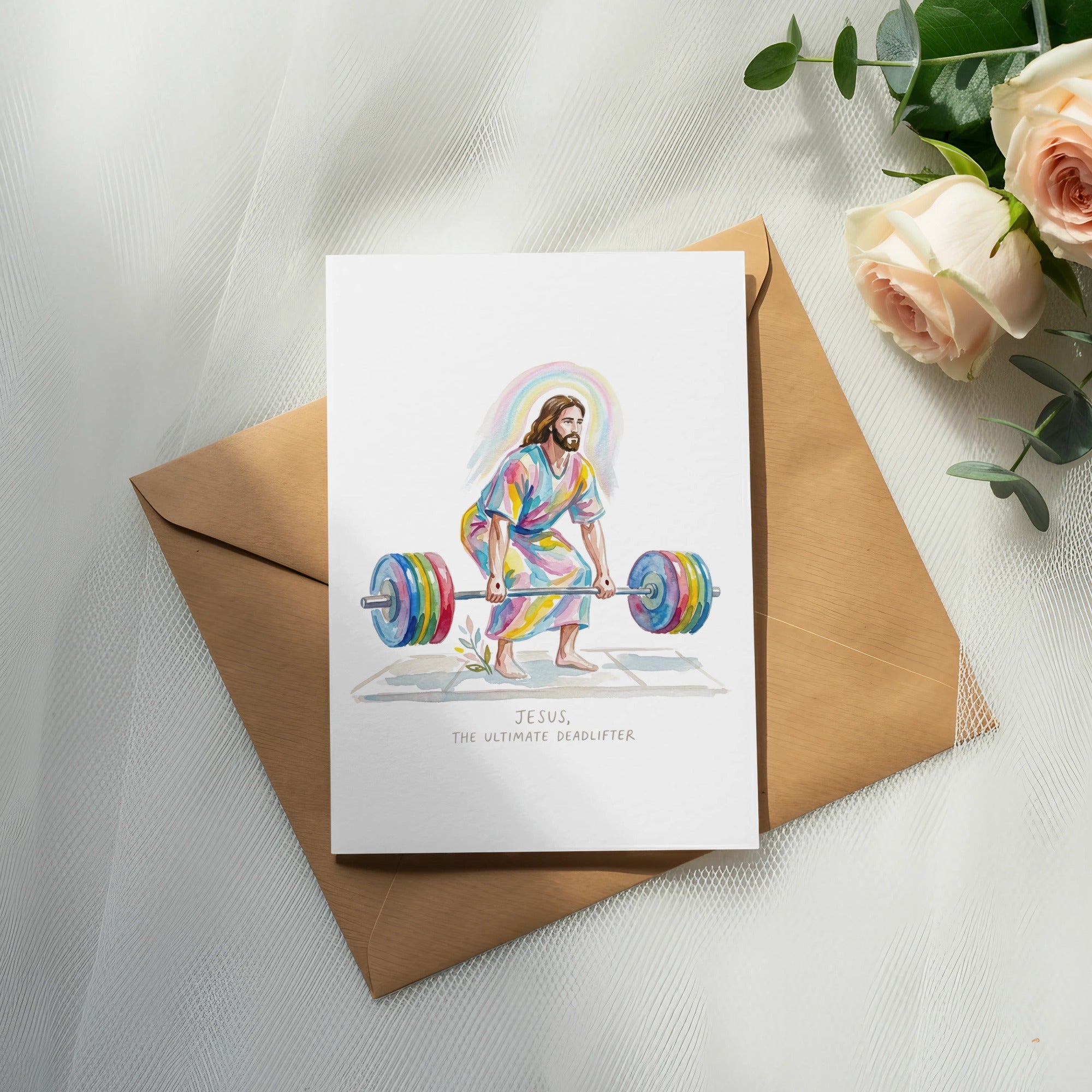 Jesus, the ultimate deadlifter, in a colorful robe lifts a barbell.