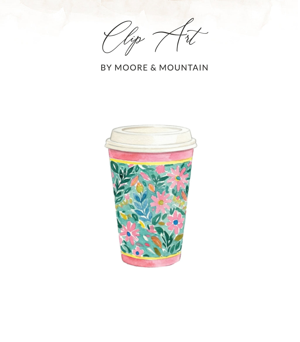Pink and teal floral watercolor coffee cup with "Clip Art" text above.