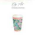 Pink and teal floral watercolor coffee cup with "Clip Art" text above.