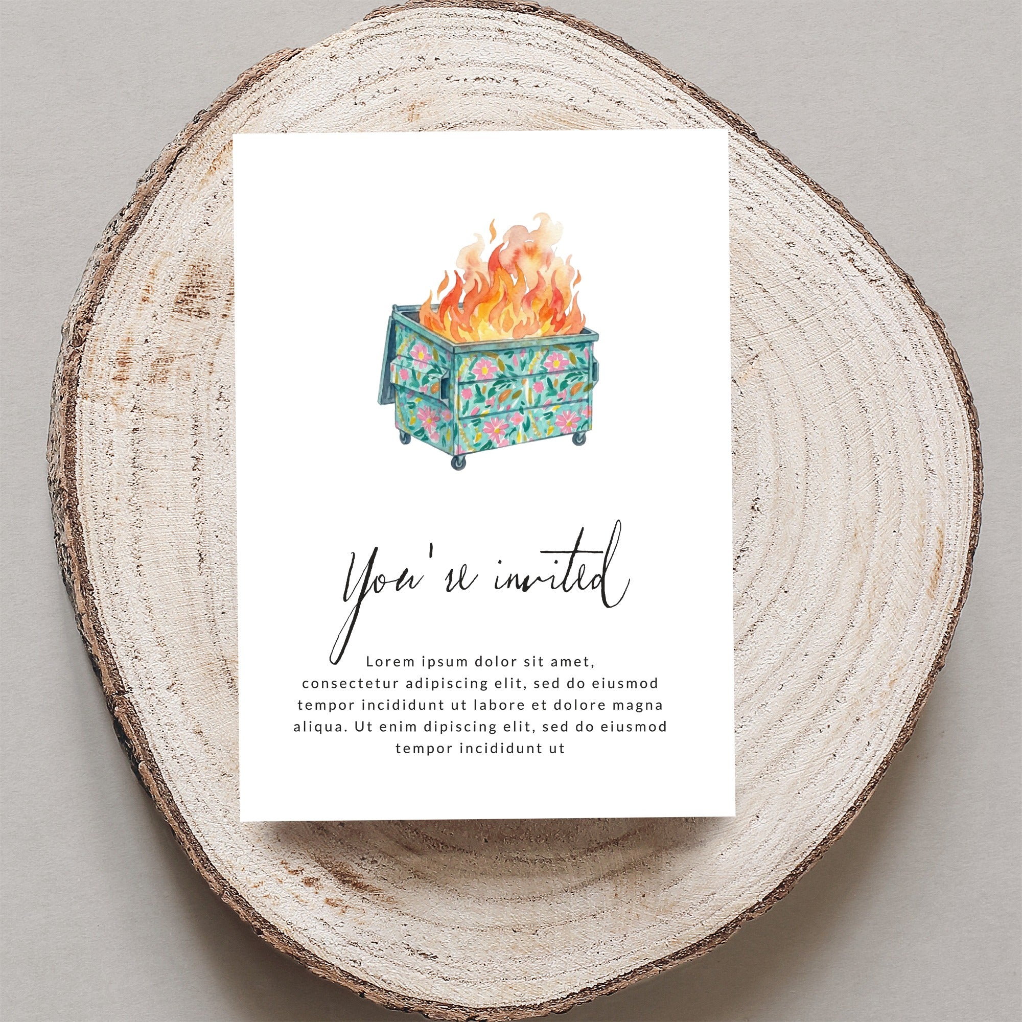 Invitation with a dumpster fire illustration and placeholder text.