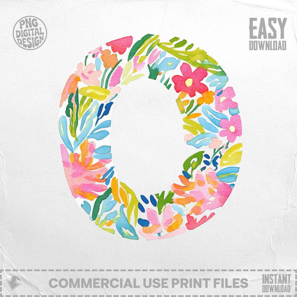 Watercolor letter O with floral pattern and digital download text.