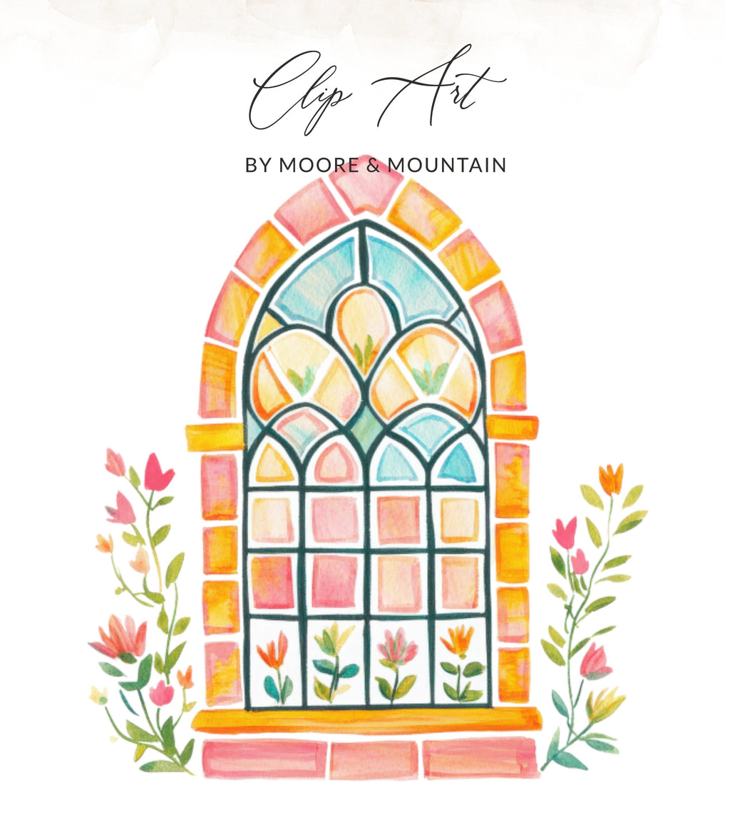 Stained glass window with floral accents and "Clip Art" text.