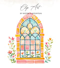Stained glass window with floral accents and "Clip Art" text.