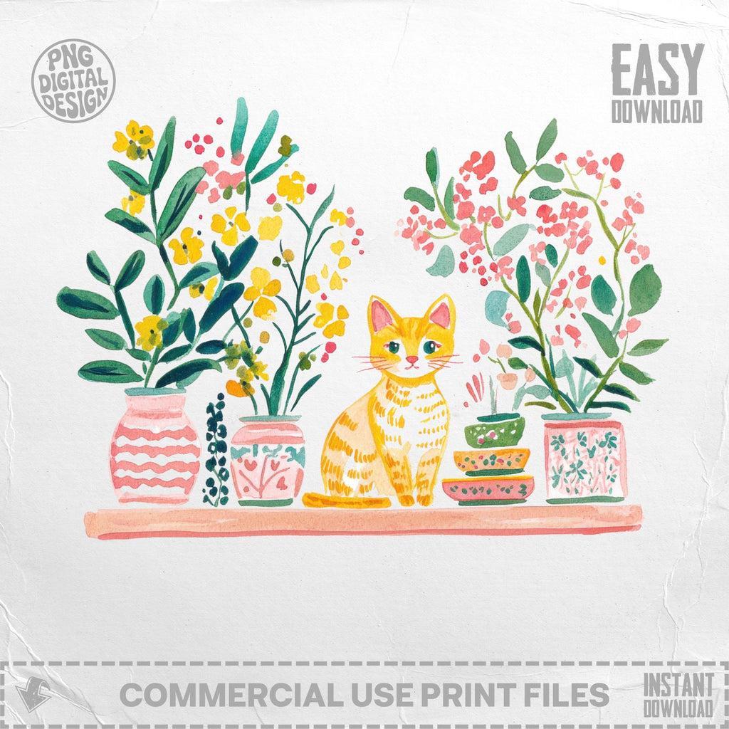Watercolor of a cat between two potted plants on a shelf.