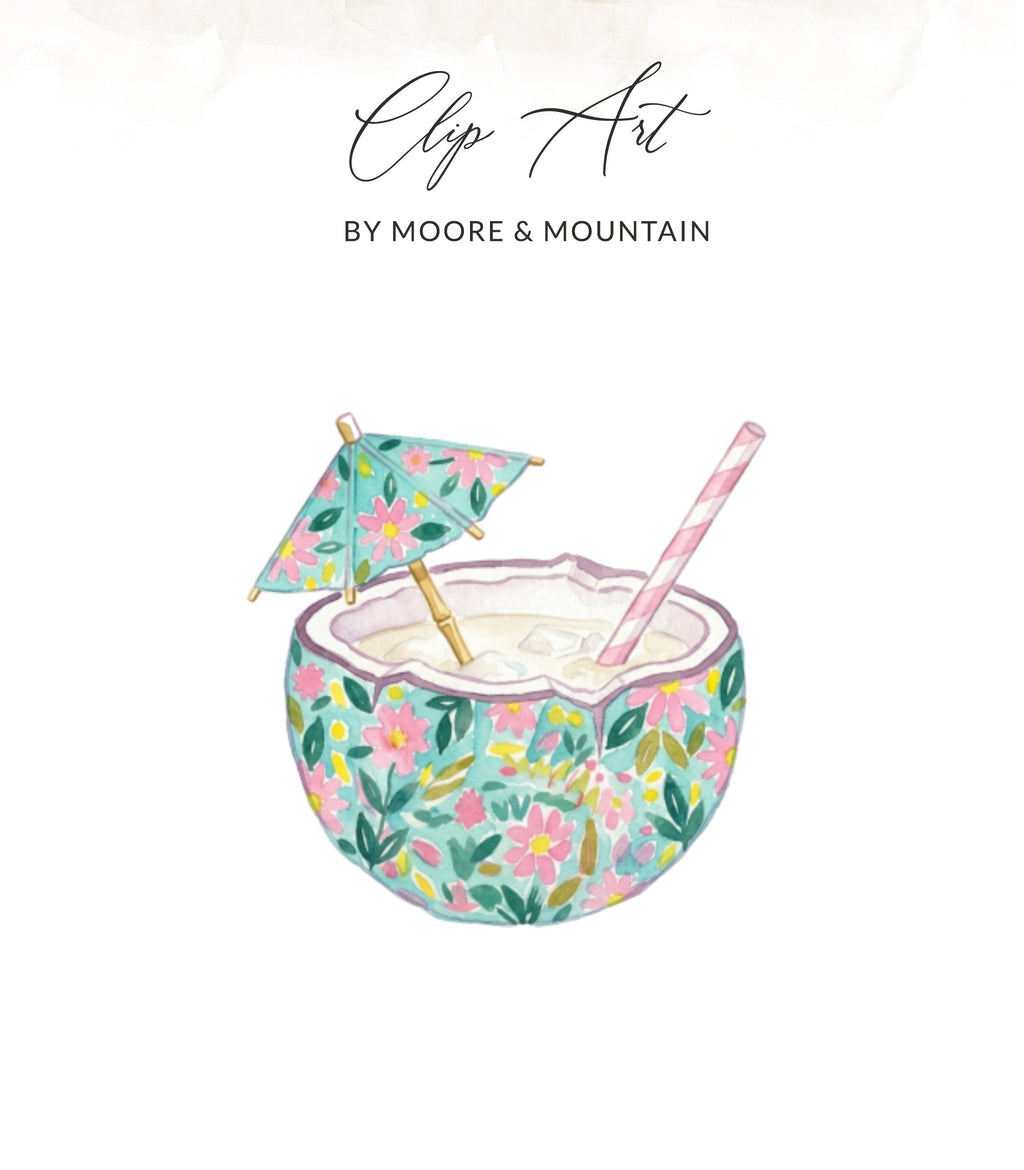 Watercolor coconut drink with floral pattern and umbrella.