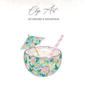 Watercolor coconut drink with floral pattern and umbrella.